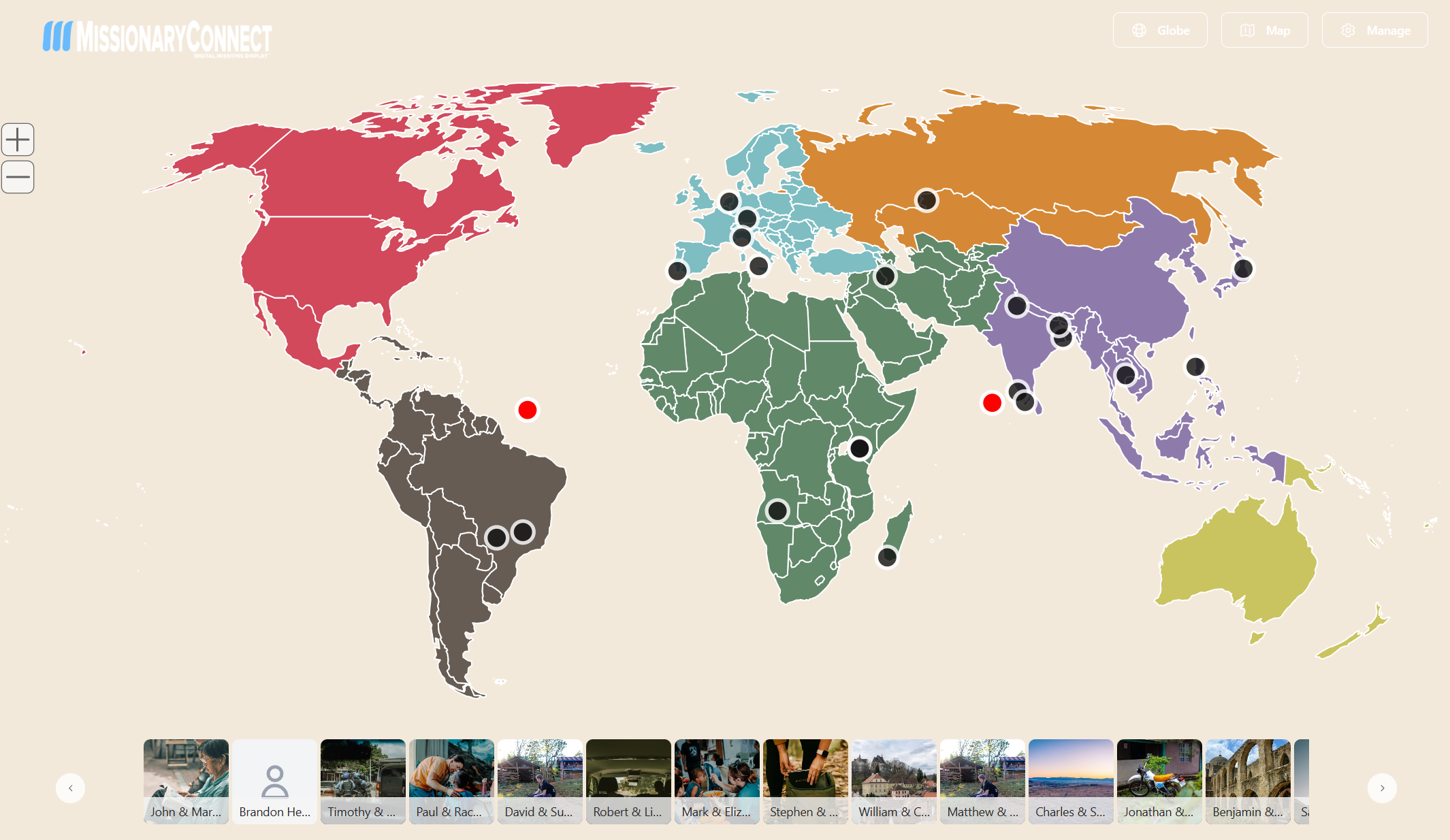 MissionaryConnect Map View - Interactive world map showing missionary locations